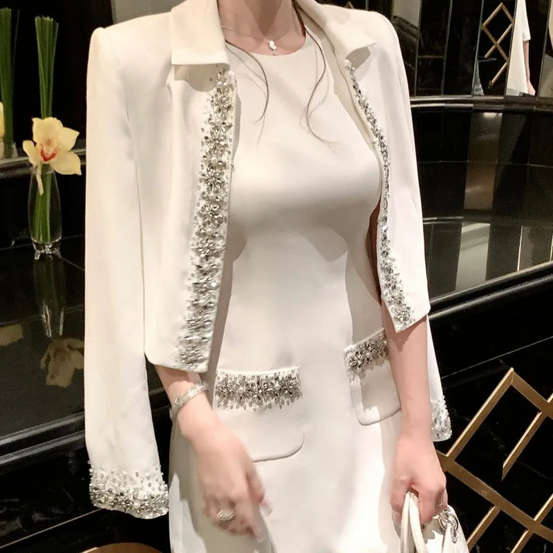 Banquet Fashion Women Luxury Diamonds Solid Color Lapel Short Jacket High Waist A Line Tank Dress Elegant Ladies Two Piece Set