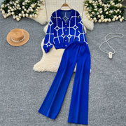 2 Piece Sets Single Breasted Print Cardigan + High Waist Wide Legs Pants