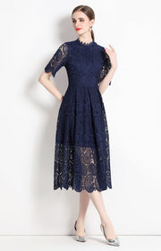 High Quality Hollow Out Short Sleeve Vintage Solid Midi Length Embroidery Lace Elegant Dresses