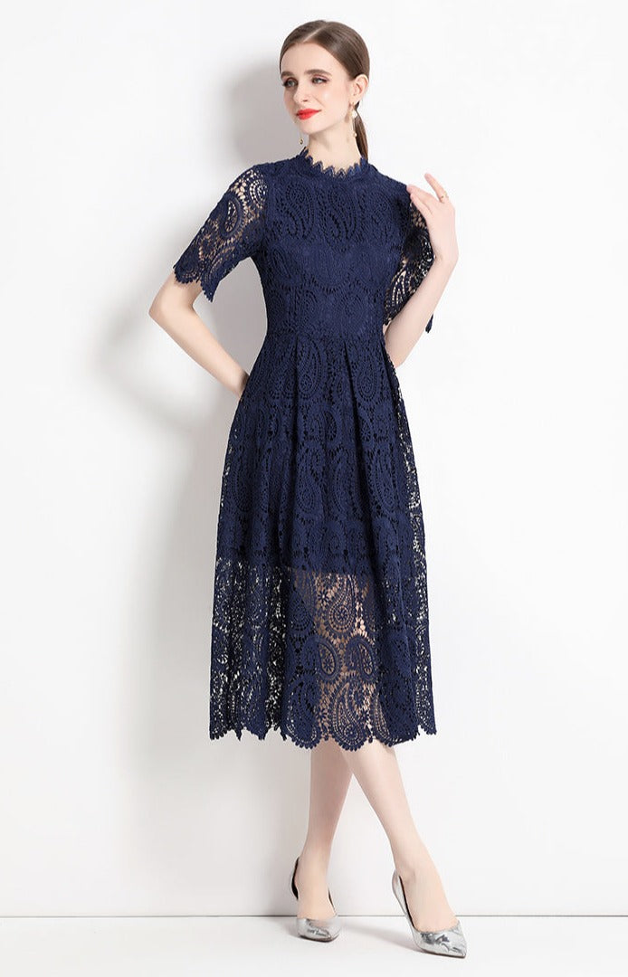 High Quality Hollow Out Short Sleeve Vintage Solid Midi Length Embroidery Lace Elegant Dresses