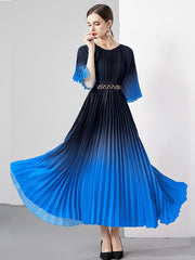 High Quality Vintage Oversized Loose Gradient Belt Lace Up O Neck Pleated Long Dress