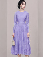 High quality slim waist round neck long sleeve openwork dress