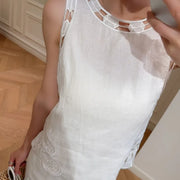 Female New High Waist Linen Sets Thin Pant Outfits O-Neck Elegant Sleeveless Tops Hollow-Out Embroidery Women Two-Piece Vest Set