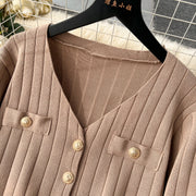 Senior Knitted Suits Fashion Metal Button Vest+V Neck Long Sleeves Cardigans+Wide Legs Pants Stripe Three Pieces Sets