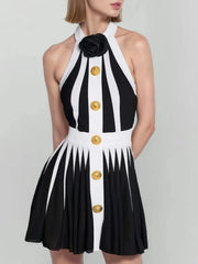 Black White Striped Buttons 3D Pink Pleated Sexy Sleeveless Knitted Mini Dress
