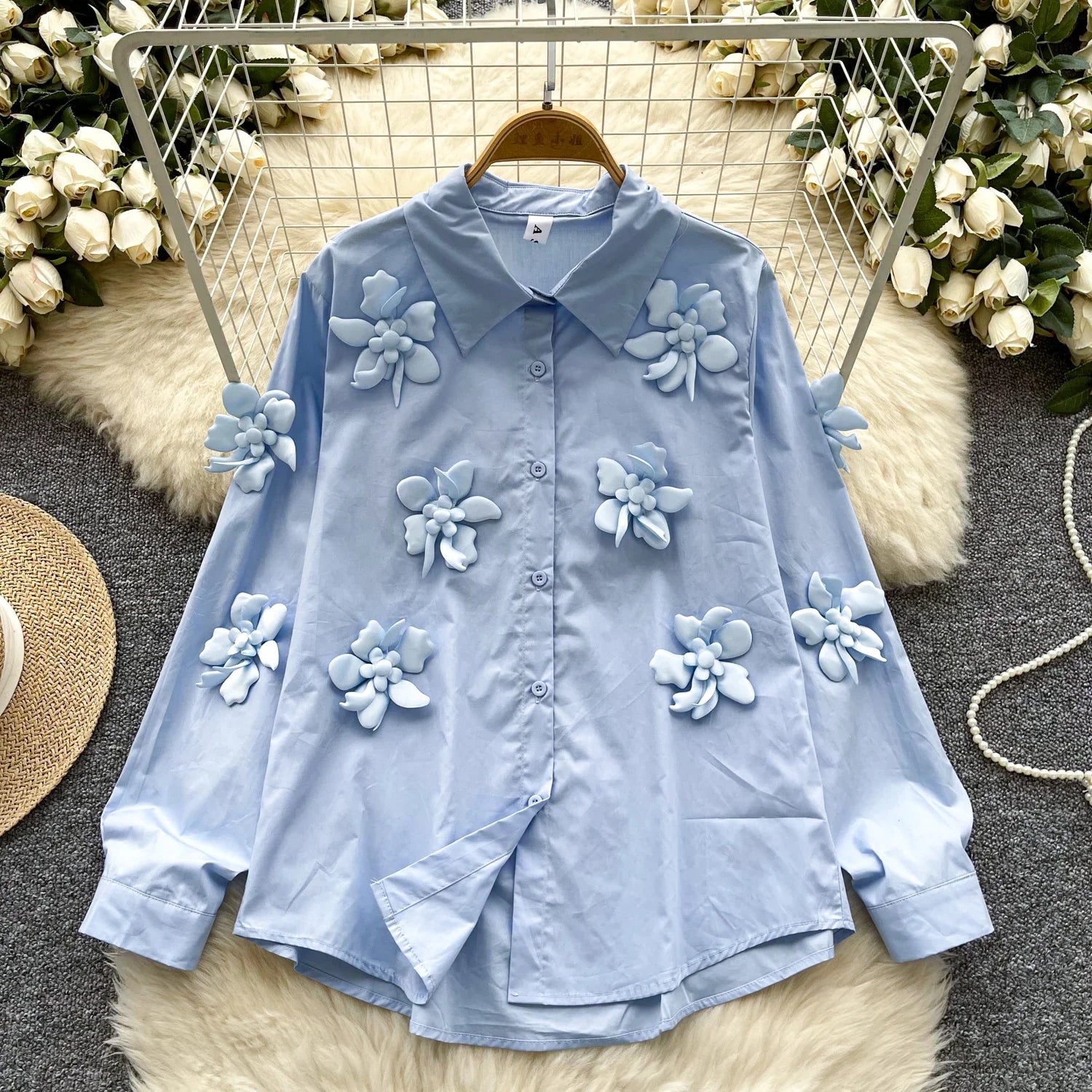 High-quality vintage high-neck loose blouse, elegant, long-sleeved, three-dimensional floral print
