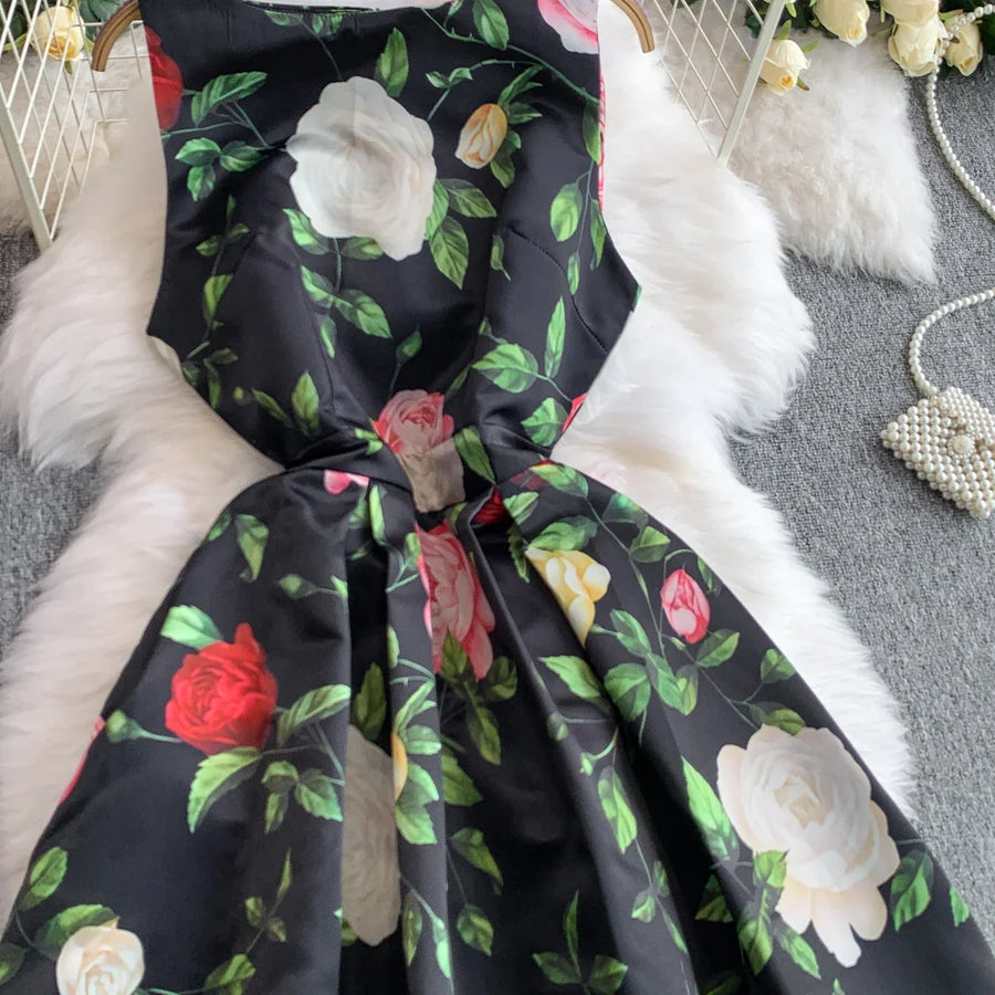 Fashion Elegant Print Sleeveless Dress Women 2026 Summer New Slim Waist Gown Ball Big Swing Robe Fresh Temperament Vestidos