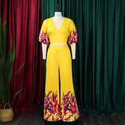 Elegant 2 Pieces Pants Sets Pleated Printed Crop Tops V Neck Half Sleeve Wide Leg Pants Fashion Female Outfits Matching Sets