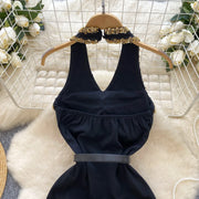 French V-neck, halterneck, backless short dress with fitted belt with high quality beads and sequins