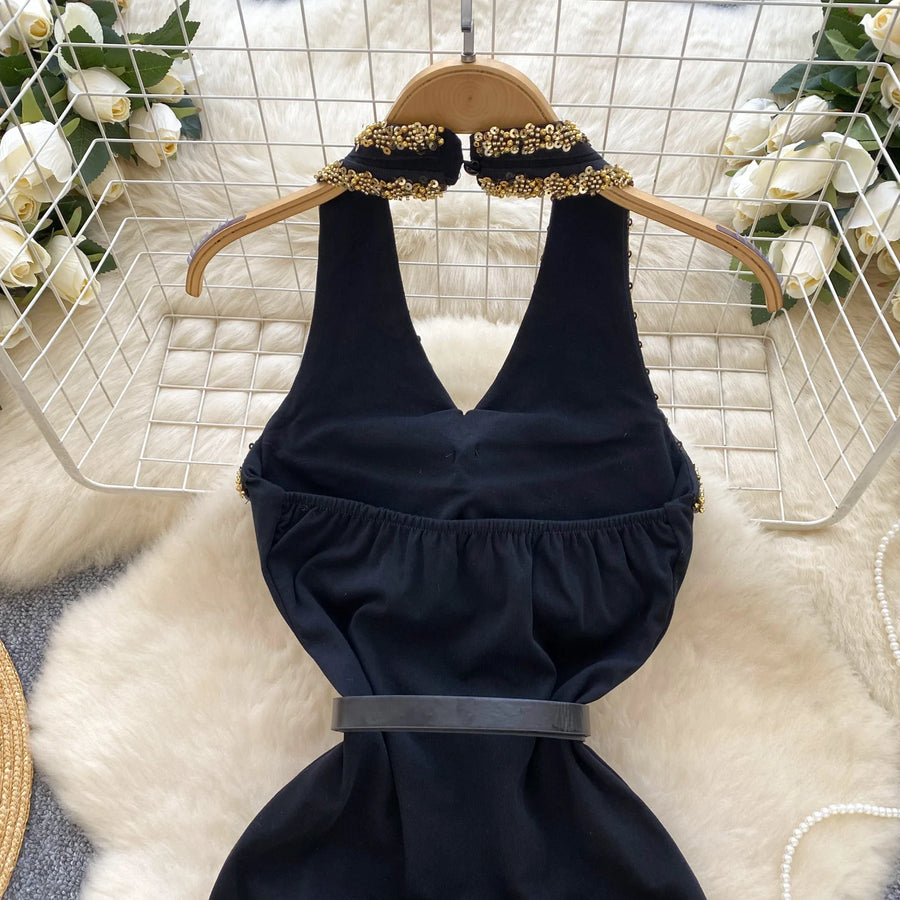 French V-neck, halterneck, backless short dress with fitted belt with high quality beads and sequins