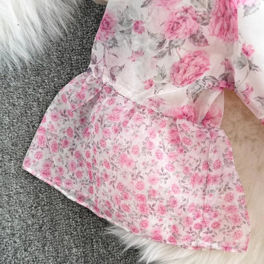 High Quality Short Sleeve Gorgeous Pink Flowers Cascading Ruffles Long Dress