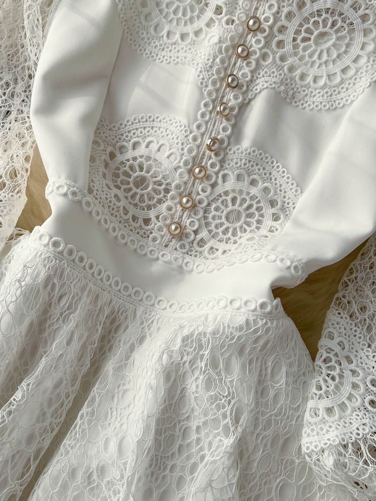 Vintage Flowers Embroidered Hollow Out Lace Dress High Neck Long Lantern Sleeve High Quality Pearl Buttons