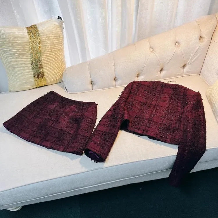 Office Ladies Elegant Two Piece Set Tweed Short Jacket High Waist A-Line Skirt New Spring Slim Fit Fashion Women Matching Sets