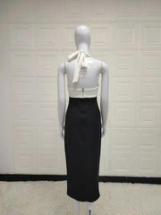 Women'Black White Contrast Color Hanging Neck Sexy Dress Pure Desire Temperament High Fashion Free Shipping