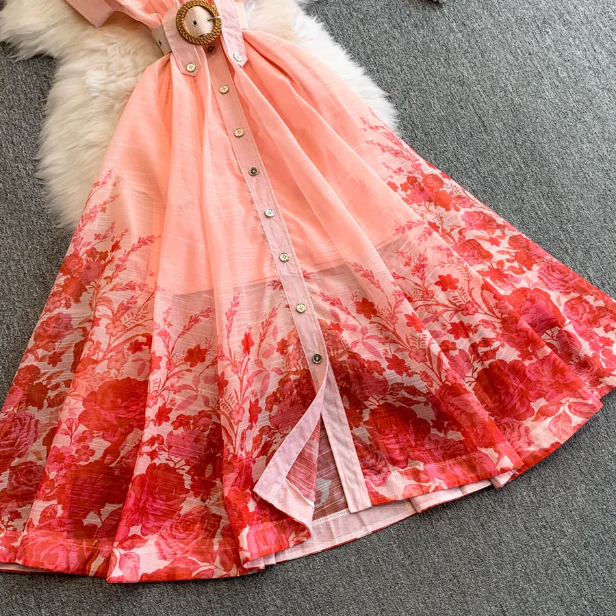 Summer Women Printed Long Dress Beach Vacation Notched Collar Single Breasted Short Sleeve A-Line Maxi Vestidos Female Robe