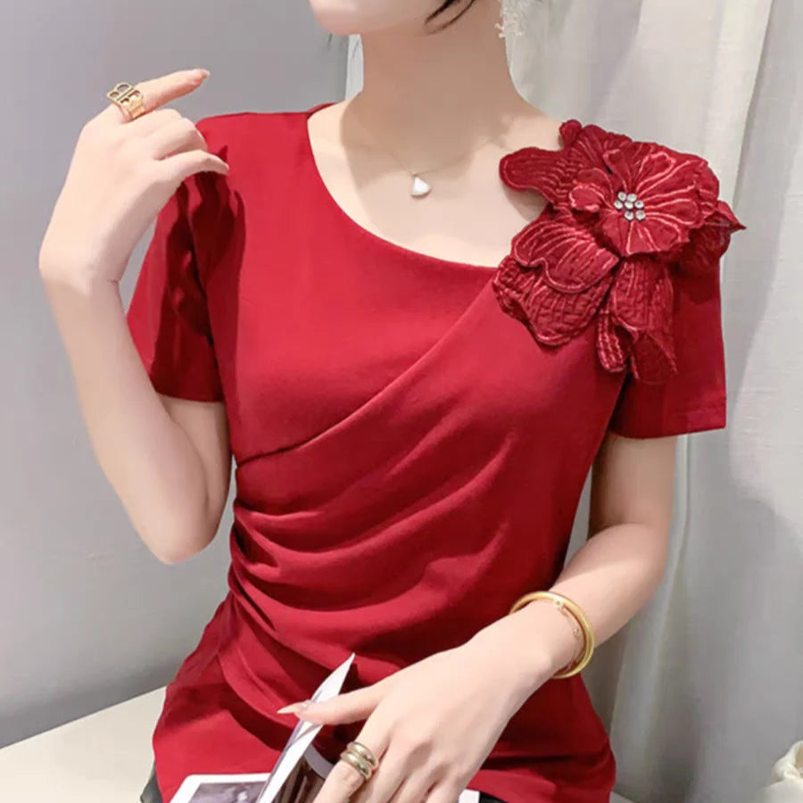 High Quality Pleated Cross Slash Neck Short Sleeve T-shirts