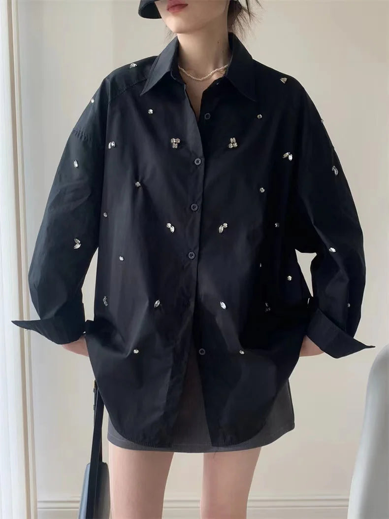 Luxury Exquisite Blingbling Diamonds Cotton Mid-length Shirts Blouses For Women  Spring Summer Long Sleeve Tops Blusas