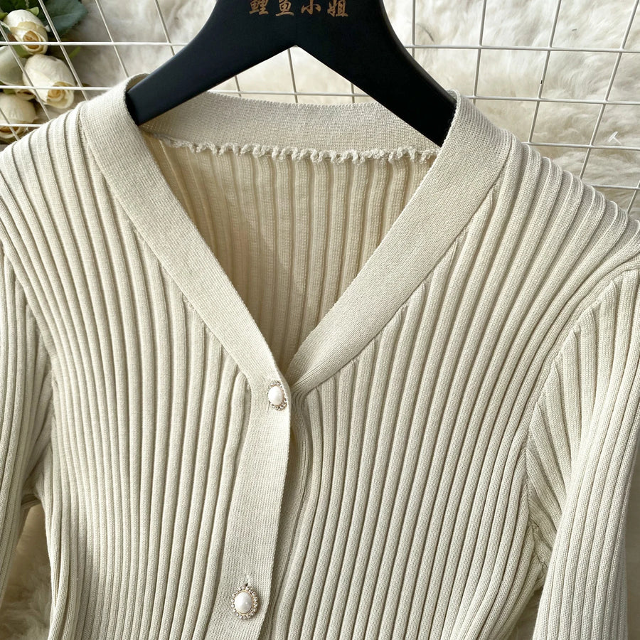 Basic Sets V-Neck Button-Down Knitted Blouse + High Quality Elastic Waist Bodycon Skirt