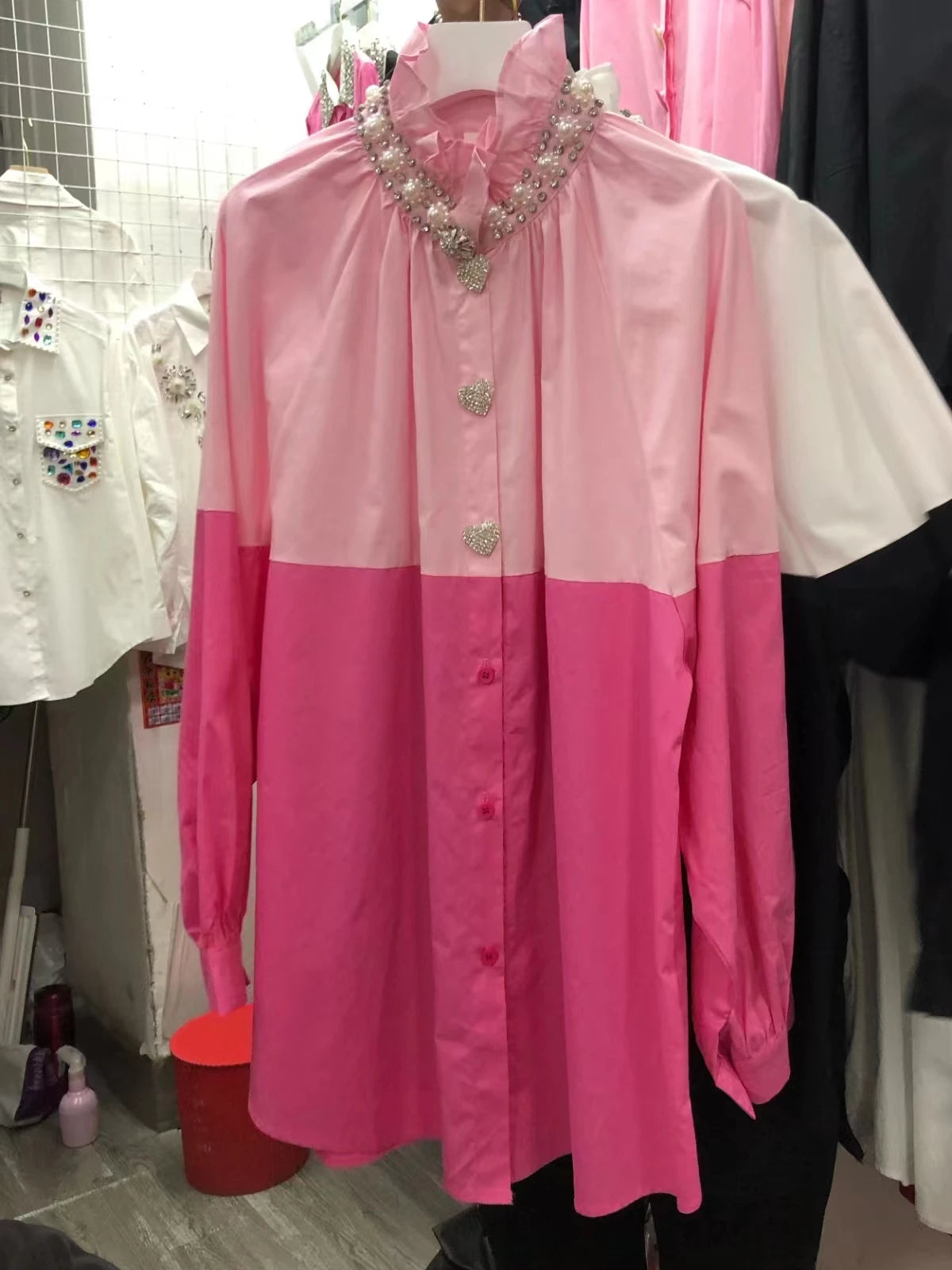 High Quality Long Sleeve Luxurious Style Beaded Diamond Embroidery Cotton Shirt