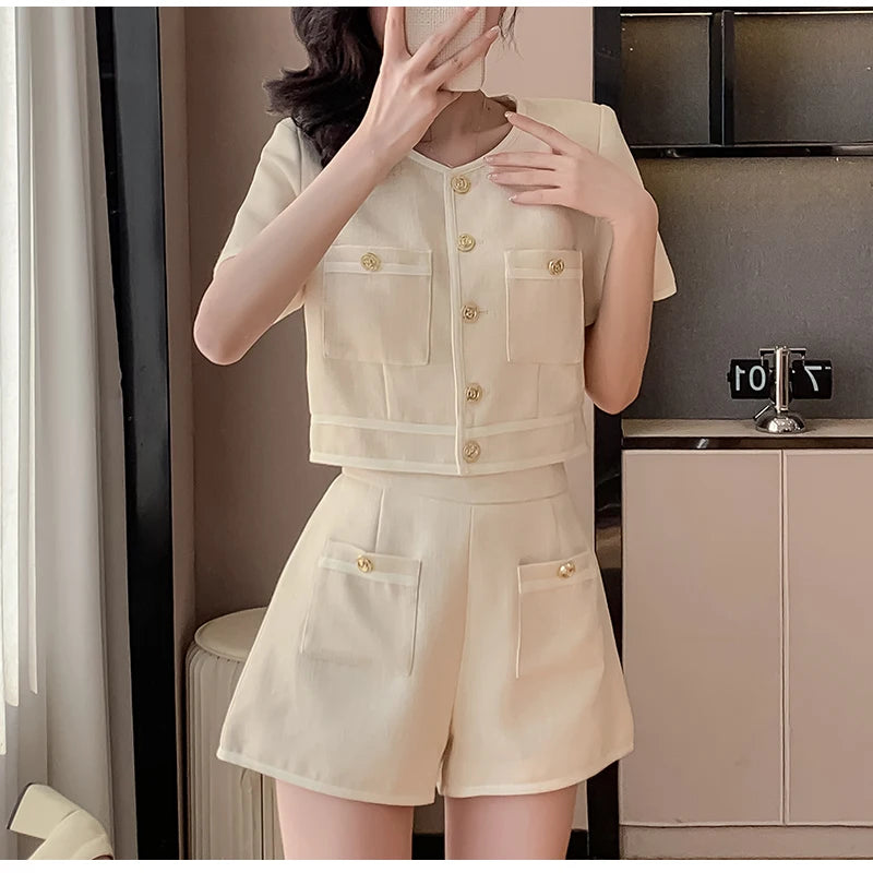 Two 2 Piece Shorts Sets Women Tweed Shorts Suits Office Ladies Single-Breasted Short Sleeve Jacket Coat High Waist Shorts S-XL