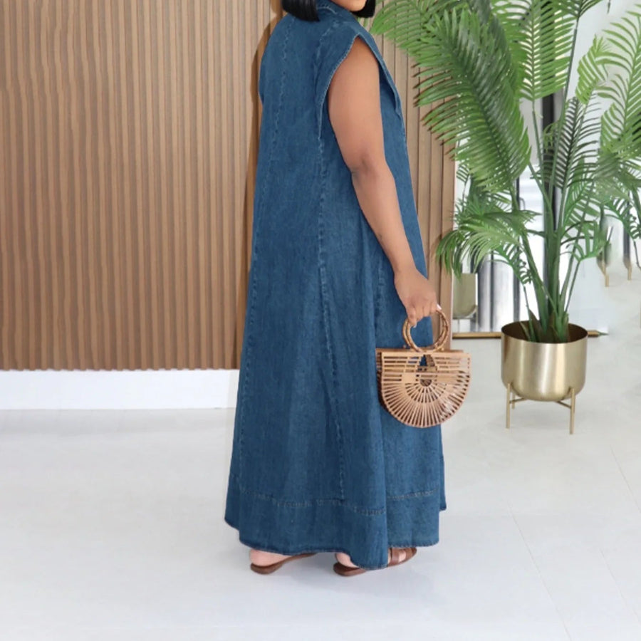 Long Dress Women Denim Dresses A Line Vestidos  Streetwear Turn Down Collar Sleeveless Elegant Casual Loose