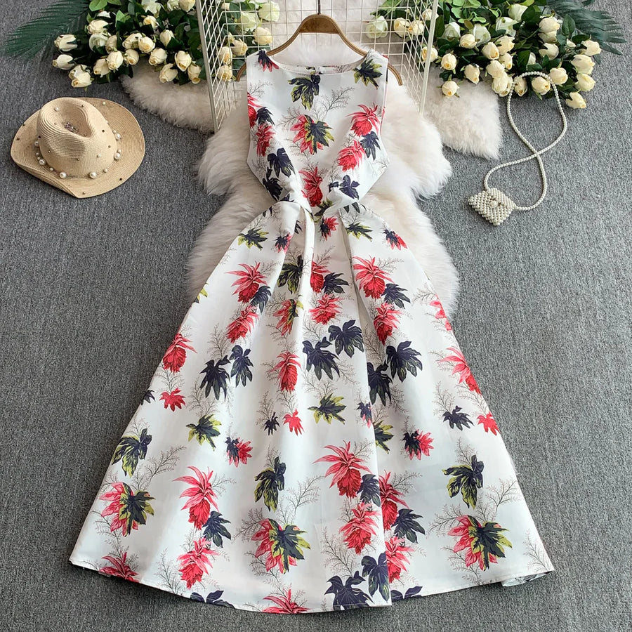 Fashion Elegant Print Sleeveless Dress Women 2026 Summer New Slim Waist Gown Ball Big Swing Robe Fresh Temperament Vestidos