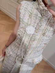 Autumn Winter Fashion Women Maxi Long Tweed Jacket Stand Collar Sleeveless Coat Wide Waisted Party Jacket Elegant Lady Designer