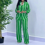 High Quality Striped Long Sleeve Button Wide Leg Pants Two Piece Set
