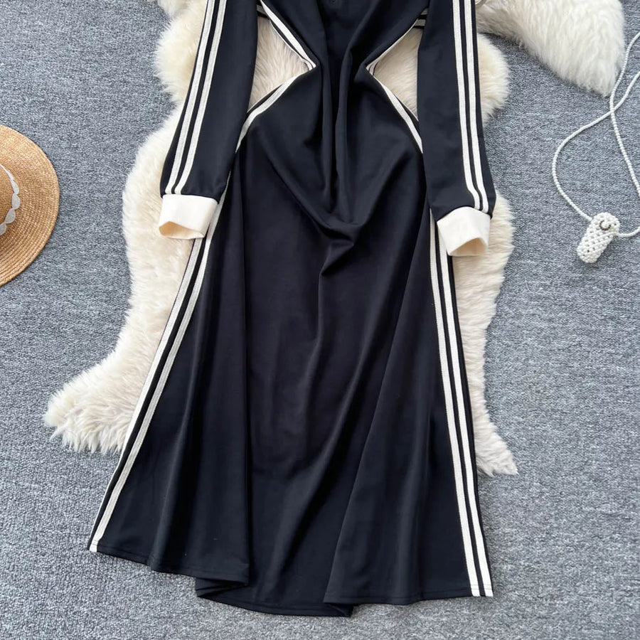 Chic vintage patchwork striped dress Elegant Fairy korean fashion autumn Party women clothing