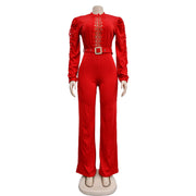 Elegant Hollow Out Turtleneck Long Sleeve Slim Fit Jumpsuit with Belt High Quality