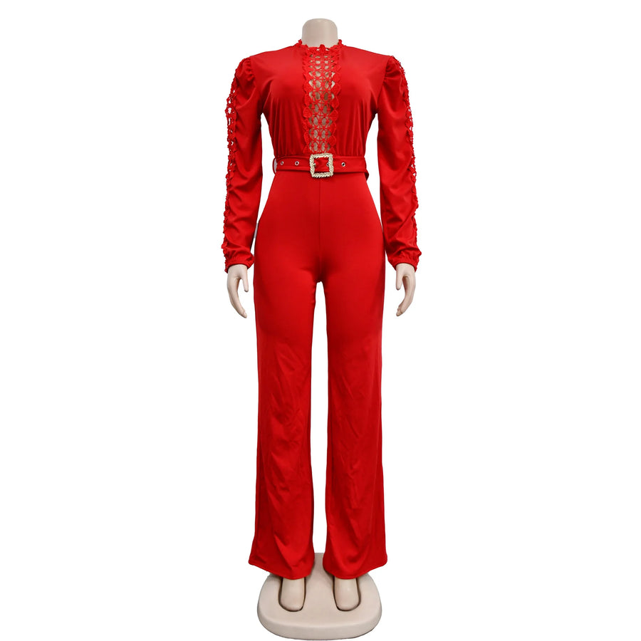 Elegant Hollow Out Turtleneck Long Sleeve Slim Fit Jumpsuit with Belt High Quality