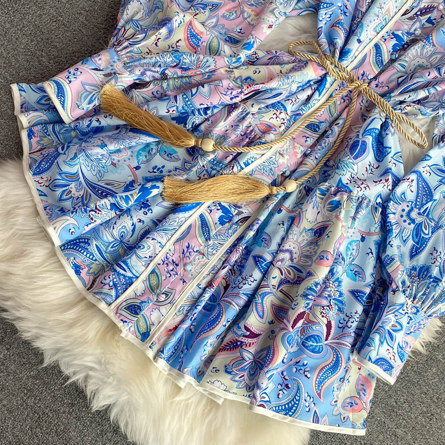 High Quality Big Hem Long Sleeve Turtleneck Printed Dress