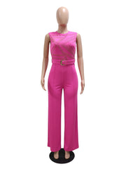 Elegant Jumpsuits Round Neck Sleeveless High Waist Wide Leg Pants with Belt High Quality