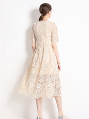 High Quality Hollow Out Short Sleeve Vintage Solid Midi Length Embroidery Lace Elegant Dresses