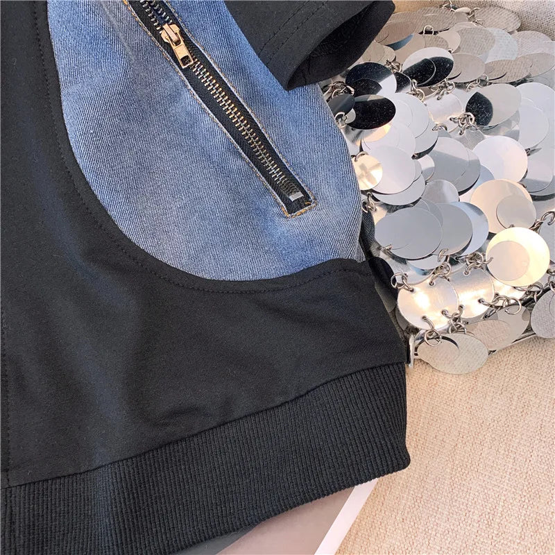 Summer New Stitched Zipper T-shirt top Female Set Elegant Women's Jeans Casual Blouse Two Piece Set Ladies Tracksuits big