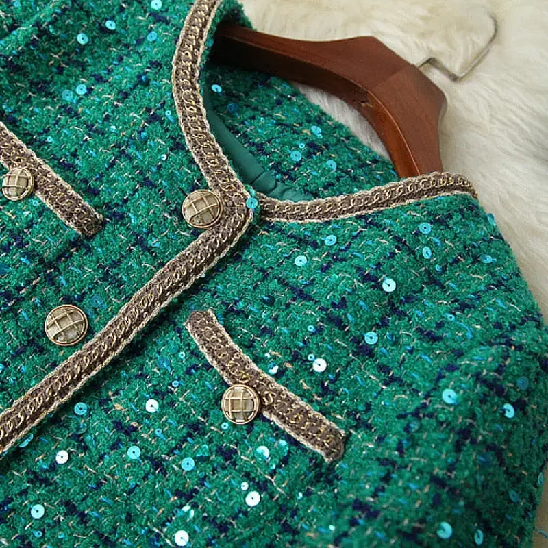 Women Elegant Vintage Tweed Fragrant Suit Jacke Coat Top And Skirt Two Piece Set Green Outfit Winter Jacquard Party Clothing