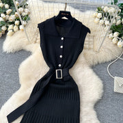 Ribbed Knit Dress Sleeveless Lapel Belt French Ins Chic Spring Summer Celebrity Style Feminine A-line Long Dress
