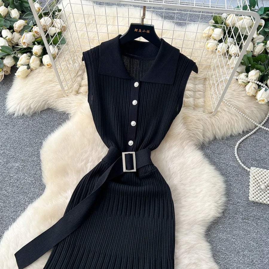 Ribbed Knit Dress Sleeveless Lapel Belt French Ins Chic Spring Summer Celebrity Style Feminine A-line Long Dress