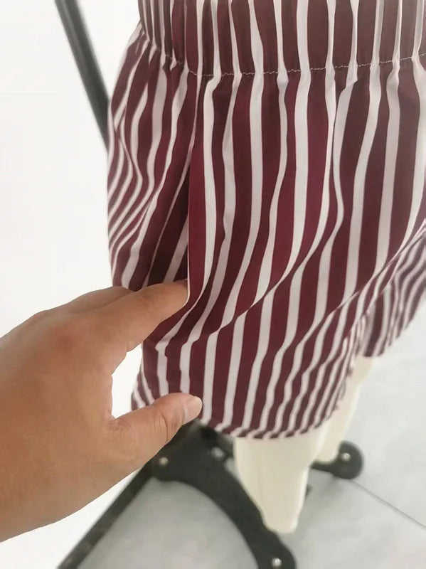 Women Shorts Pant Set Two Piece Sets Jogger Tracksuit Turn Down Collar Full Sleeve Shirt Striped Short Pants High Waist