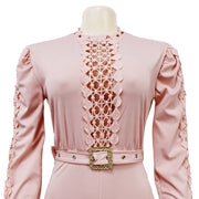 Elegant Hollow Out Turtleneck Long Sleeve Slim Fit Jumpsuit with Belt High Quality