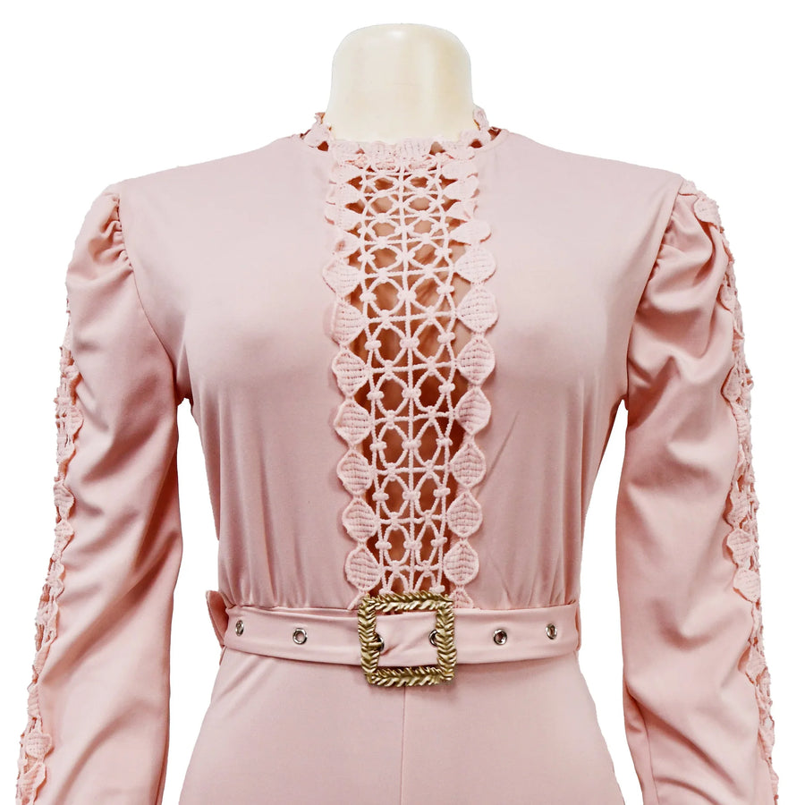 Elegant Hollow Out Turtleneck Long Sleeve Slim Fit Jumpsuit with Belt High Quality
