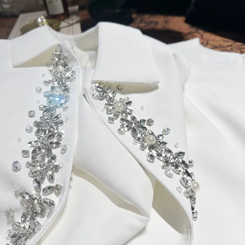 Banquet Fashion Women Luxury Diamonds Solid Color Lapel Short Jacket High Waist A Line Tank Dress Elegant Ladies Two Piece Set