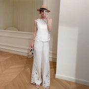 Female New High Waist Linen Sets Thin Pant Outfits O-Neck Elegant Sleeveless Tops Hollow-Out Embroidery Women Two-Piece Vest Set