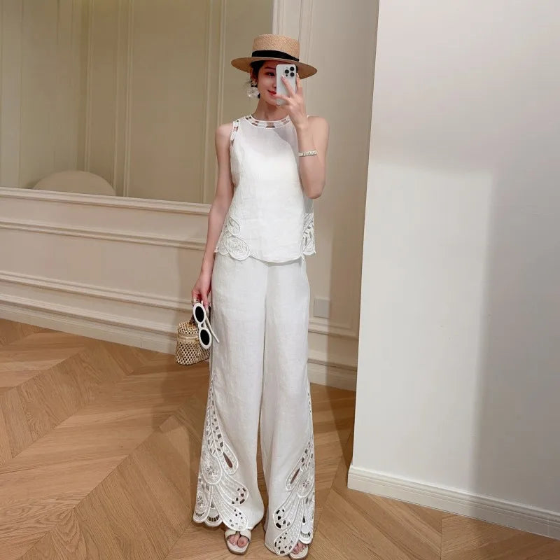 Female New High Waist Linen Sets Thin Pant Outfits O-Neck Elegant Sleeveless Tops Hollow-Out Embroidery Women Two-Piece Vest Set