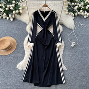 Chic vintage patchwork striped dress Elegant Fairy korean fashion autumn Party women clothing