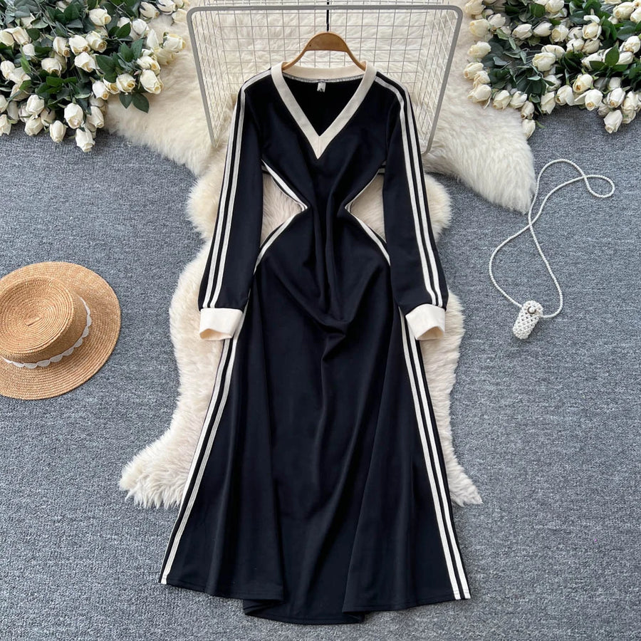 Chic vintage patchwork striped dress Elegant Fairy korean fashion autumn Party women clothing