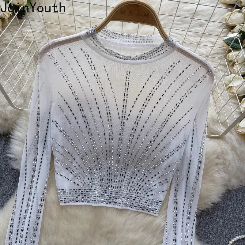 Fashion Tshirts Women's Clothing Heavy Diamond Tunic Tees  Ropa Mujer Crop Tops Sexy See Throught Gauze T Shirt Y2k T-shirt
