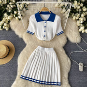 2-piece set knitted top and pleated mini skirt with high-quality elastic waistband
