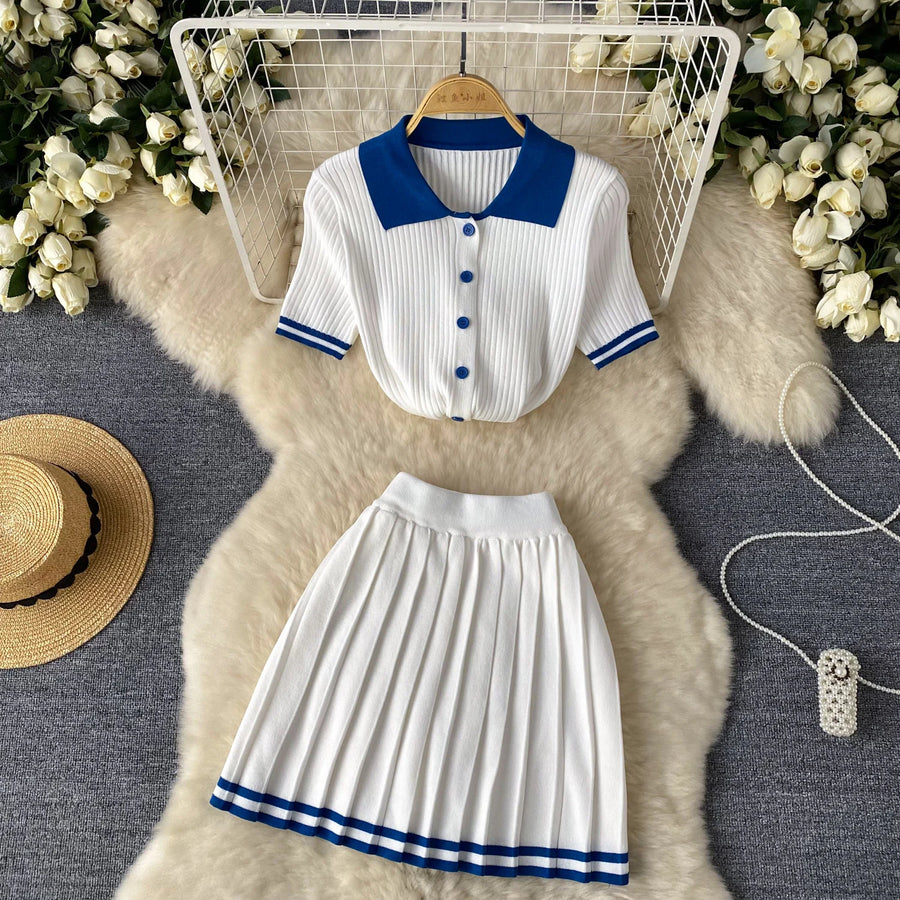 2-piece set knitted top and pleated mini skirt with high-quality elastic waistband