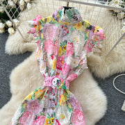 Elegant vintage fitted openwork lace evening dress with high-quality printed buttons